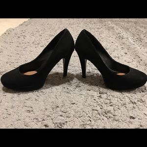 Black, faux suede, platform heels with rounded toe